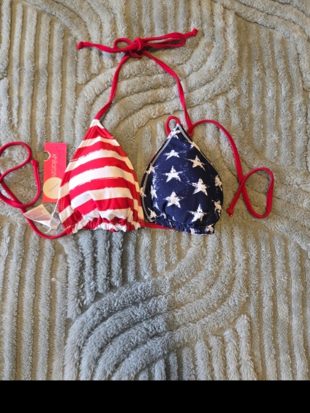 Women's Star Print Triangle Swim Top - Red White and Blue Reversible Size L